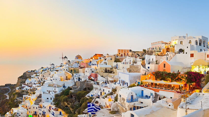 Häuser: Stadt Oia Insel Santorini Griechenland Städte Stadtansichten Sonnenuntergang HD-Hintergrundbild