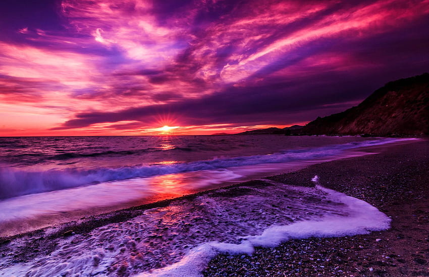 きれいな夕焼け、ピンクと紫の夕焼け 高画質の壁紙