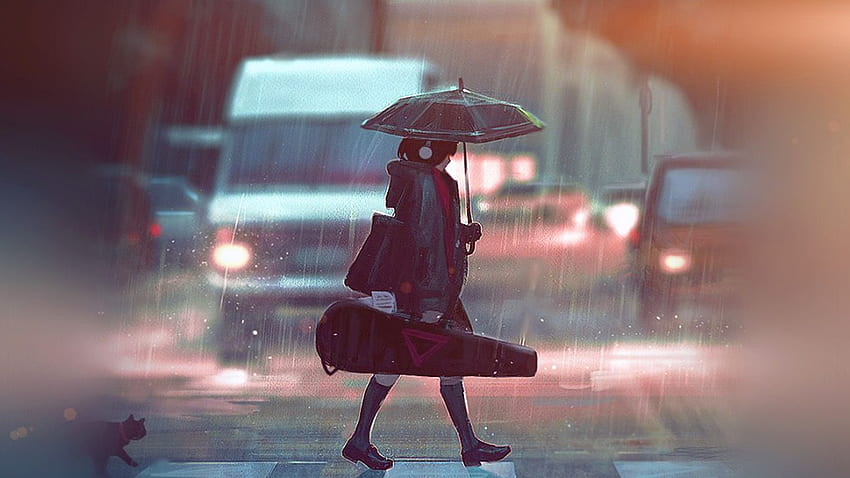 Rainy Day Anime Paint Girl Art Illustration Flare., Lluvia Estética fondo de pantalla