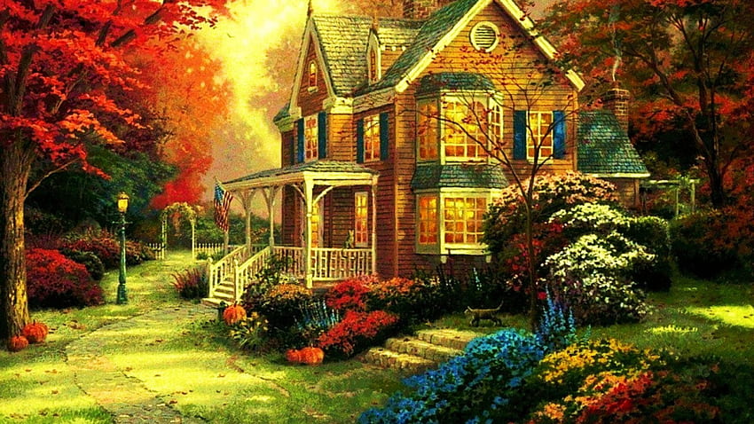 Forest Cottage, artwork, painting, fall, trees, colors, autumn, flowers HD wallpaper