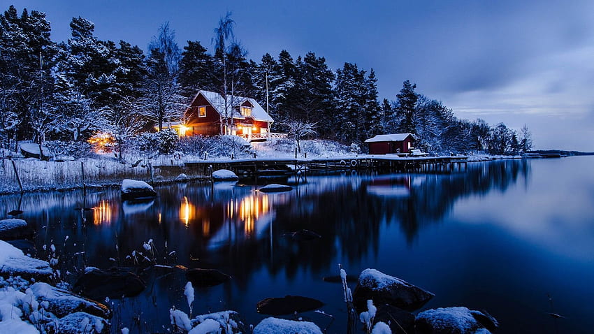 night, Cabin, Sweden, Snow, Winter, Landscape, Space / and Mobile Background, Winter Space HD wallpaper