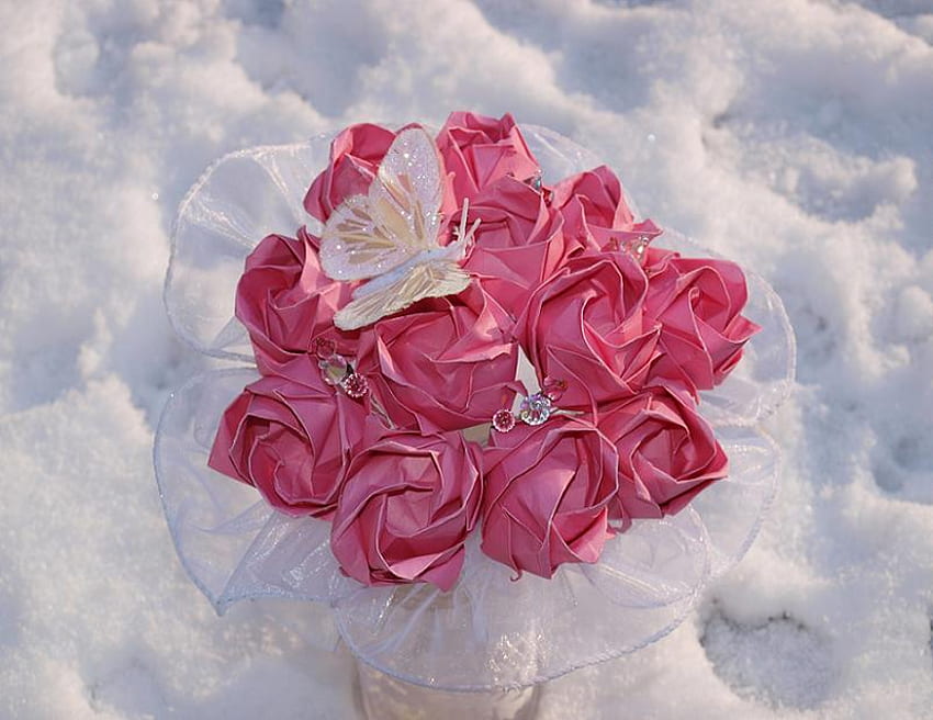 Bellezza origami, gioielli, rosa, rose, farfalla, dozzina, artigianato origami Sfondo HD