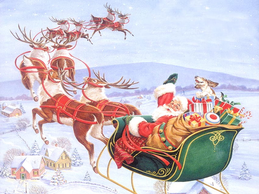 そして、おやすみなさい、冬、サンタクロース、飛行、家、そり、トナカイ、プレゼント、雪、クリスマス 高画質の壁紙