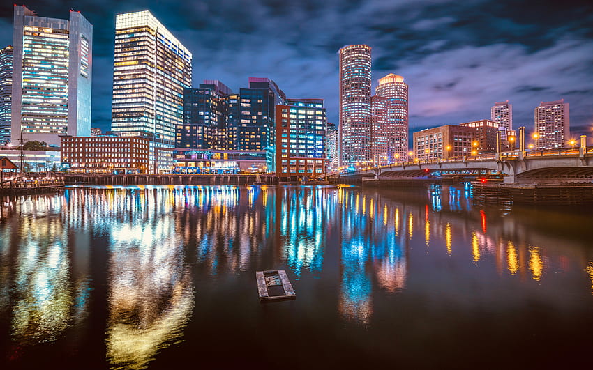 Boston, evening, Evelyn Moakley Bridge, Fort Point Channel, Boston cityscape, night, Massachusetts, USA HD wallpaper