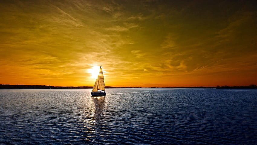 自然, 水, 日没, 空, 海, ボート, 帆 高画質の壁紙