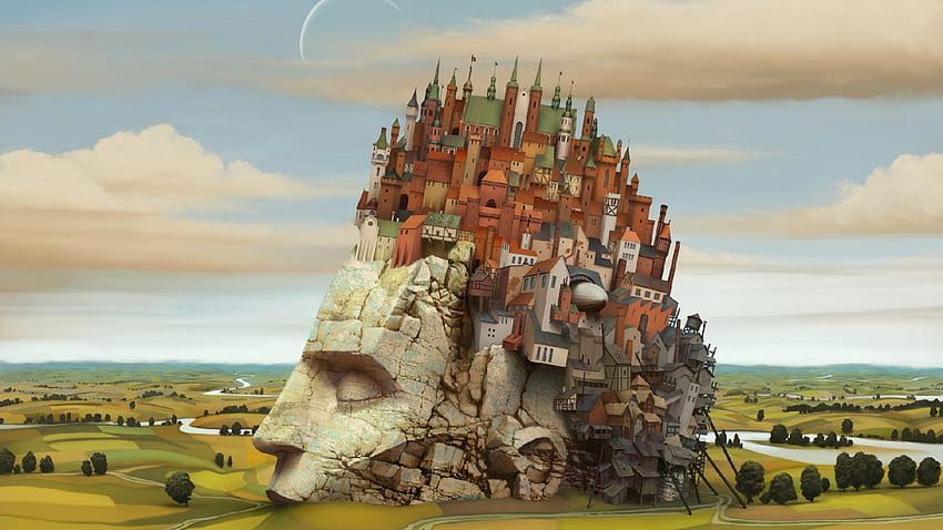 ปราสาท Nvidia ฟิลด์ หัว ลำธาร Jacek Yerka เศษหินหรืออิฐ เหนือจริง ศิลปะเซอร์เรียล วอลล์เปเปอร์ HD