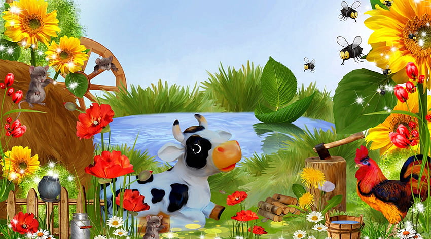 Country Time Country, cow, chicken, bees, poppies, ranch, sunflowers, fleurs, rooster, pond, farm, grass, country, leaves, mouse, field, pool, sky, flowers HD wallpaper
