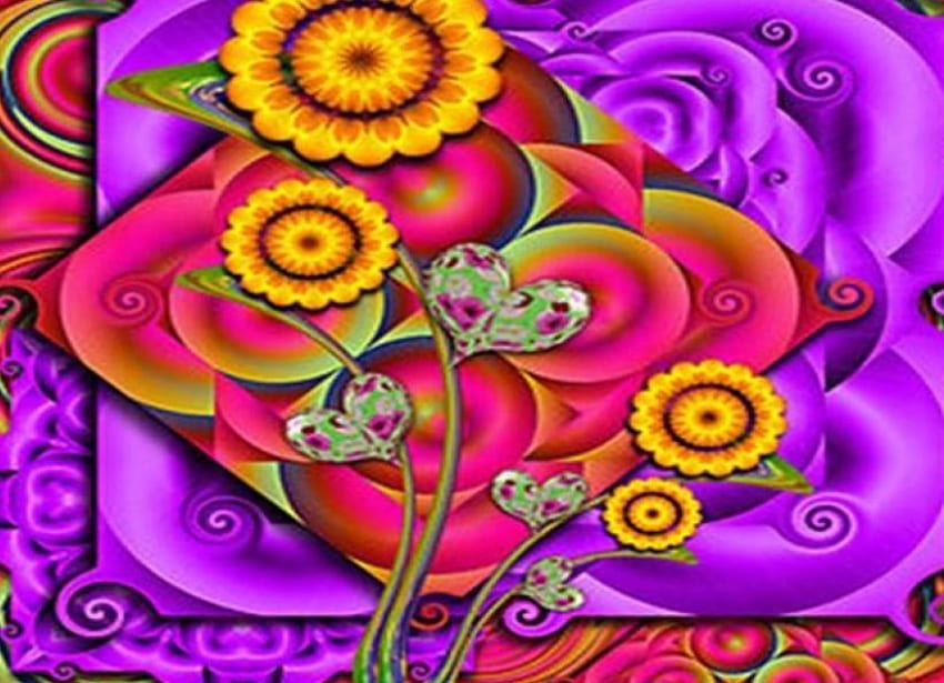 Seeds of Love, swirls, sunflowers, love, frame, hearts HD wallpaper