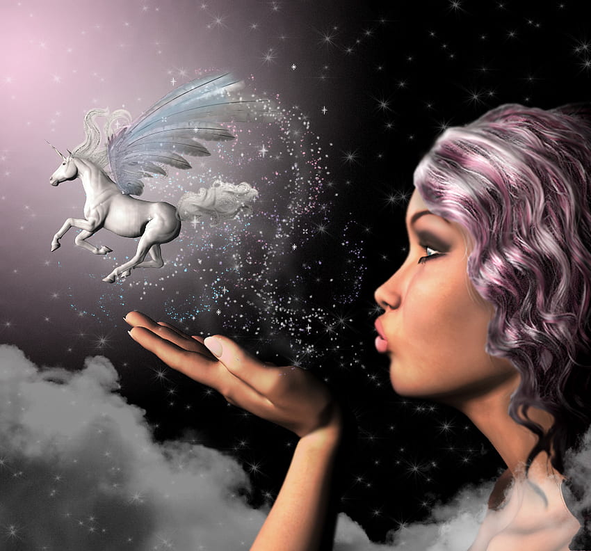 Pure Fantasy, night, clouds, sky, pegasus, stars, woman HD wallpaper