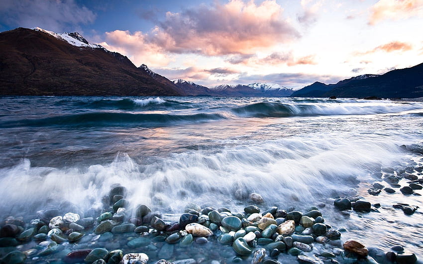Nature, Water, Stones, Mountains, Clouds, Beach, Foam, Wave HD wallpaper