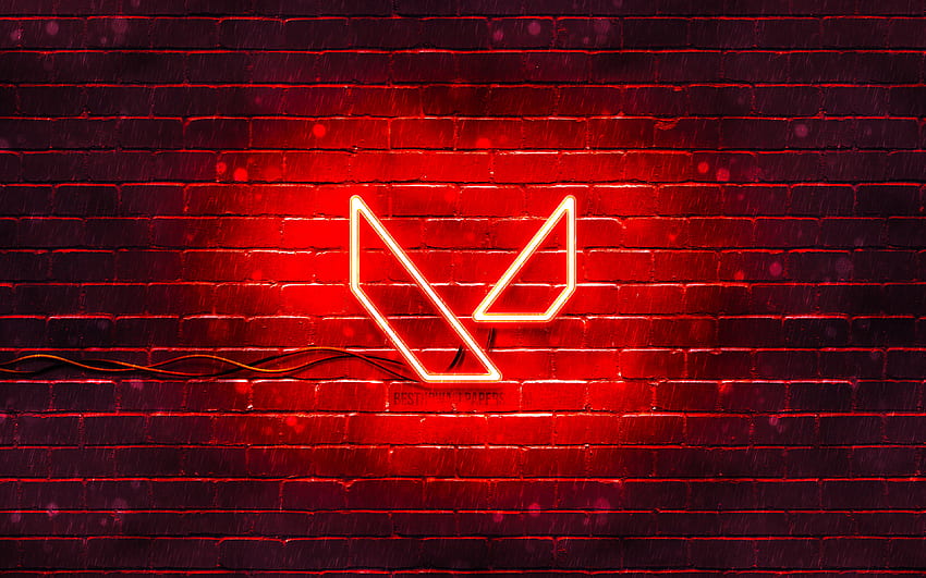 Червено лого на Valorant, червена тухлена стена, лого на Valorant, марки игри, неоново лого на Valorant, Valorant HD тапет