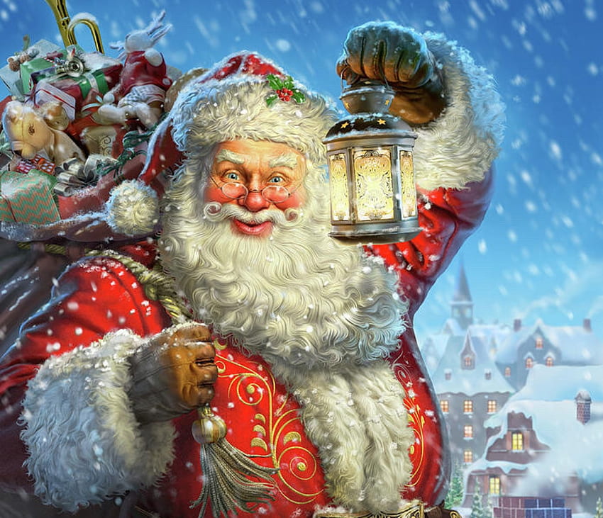 Papai Noel, fantasia, craciun, natal, vermelho, homem, áspero taggar, velho, lanterna, luminos papel de parede HD