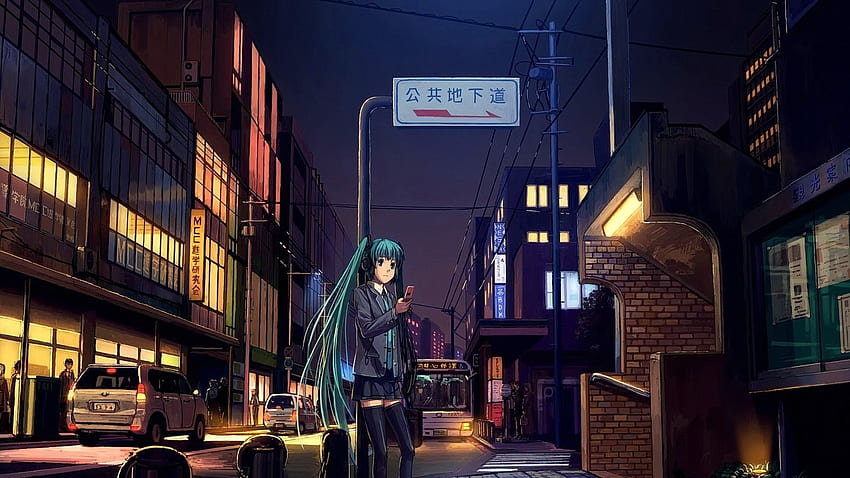 เมือง ถนน cityscape กลางคืน มองไป ผมยาว อะนิเมะ สาวอะนิเมะ รถ ถนน ตอนเย็น Vocaloid Hatsune Miku น้ำตา ผมสีน้ำ มหานคร โครงสร้างพื้นฐาน เบา สี ตัวเมือง ซอย แสง ความมืด, หน้าจอ, ในเมือง วอลล์เปเปอร์ HD