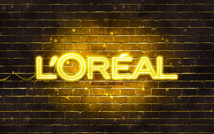 Logo amarelo Loreal, parede de tijolos amarela, logotipo Loreal, marcas, logotipo neon Loreal, Loreal papel de parede HD