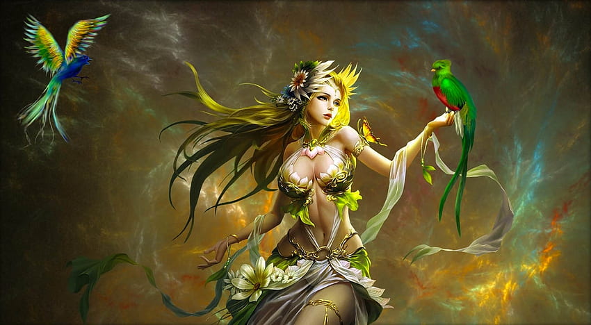 Bird Fairy, ptak, sztuka, dziewczyna, piękna, kobieta, słonecznik, lato, cyfrowy, fantasy, ładny, piękny Tapeta HD
