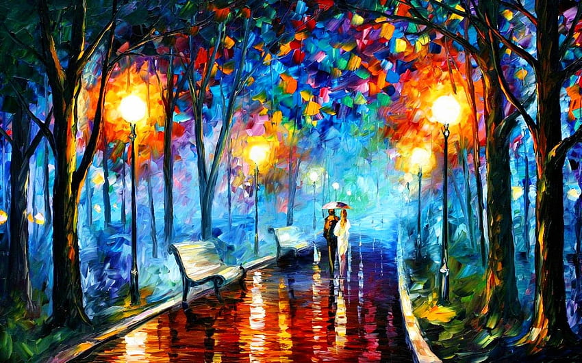 sunlight, trees, colorful, painting, forest, street light, park, rain, Leonid Afremov, autumn, computer , modern art, psychedelic art, impressionist HD wallpaper