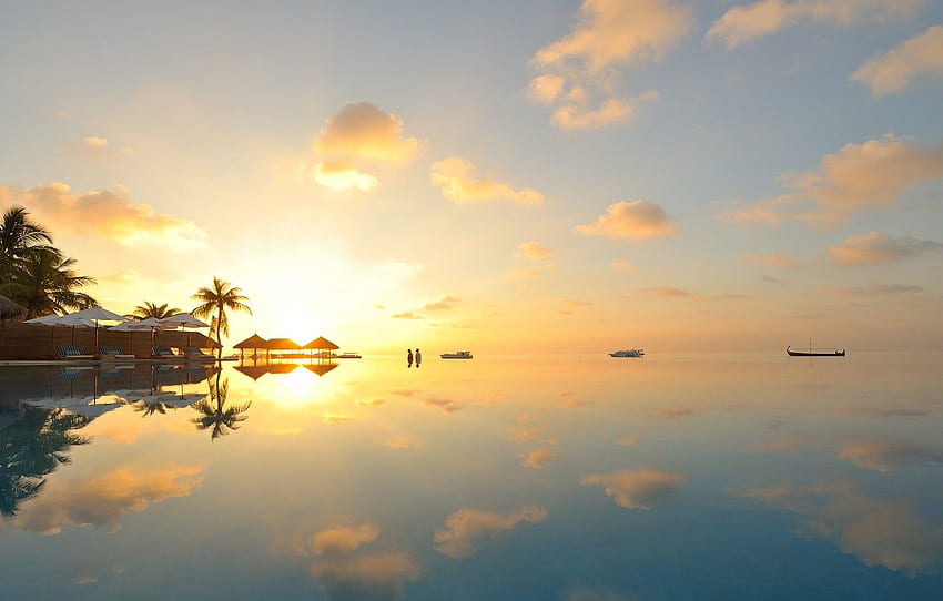 clouds, sunset, boat, horizon, The Maldives, Maldives Sunrise HD wallpaper