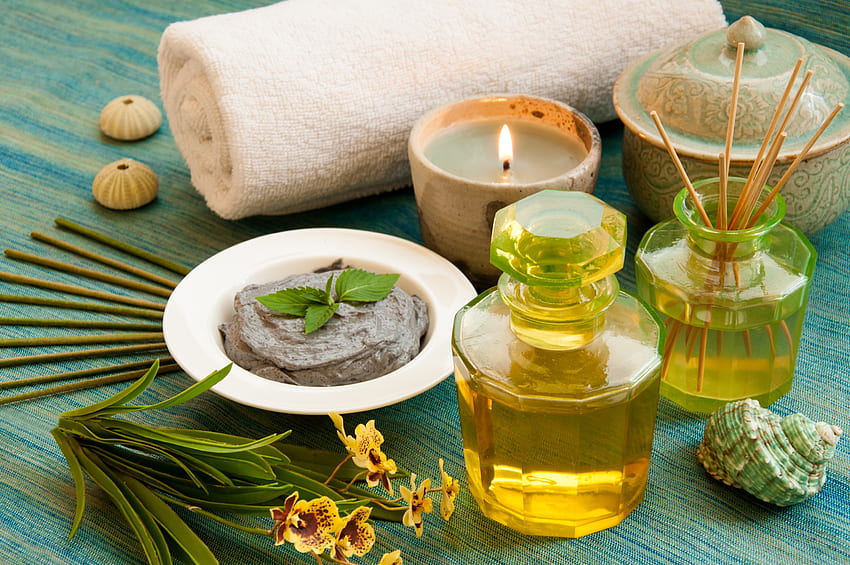 Terapia masażu, terapia, świeca, zieleń, masaż, zdrój, olej, śmietanka, piękno Tapeta HD