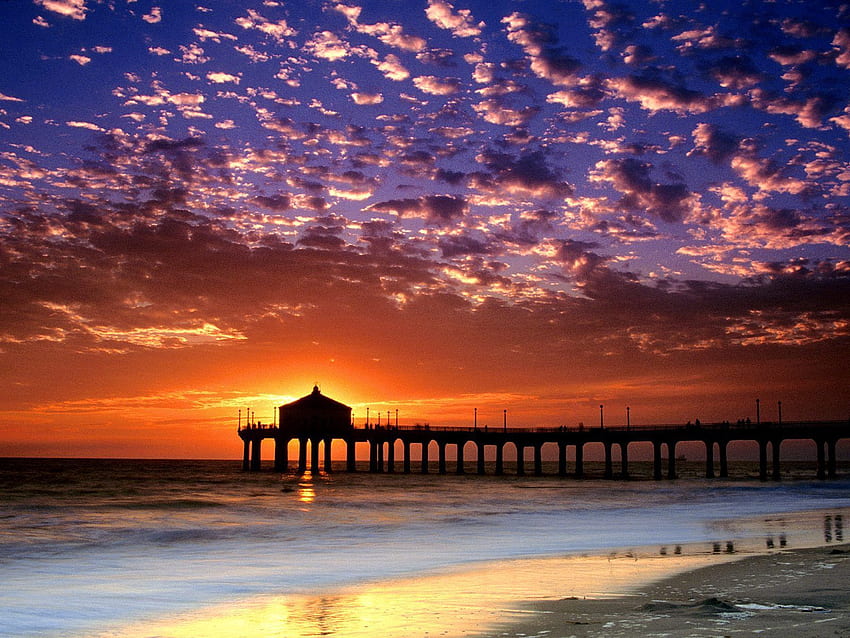 Natur, Sonnenuntergang, Himmel, Meer, Sonne, Wolken, Strand, Ufer, Bank, Pier, Abend, Kalifornien HD-Hintergrundbild