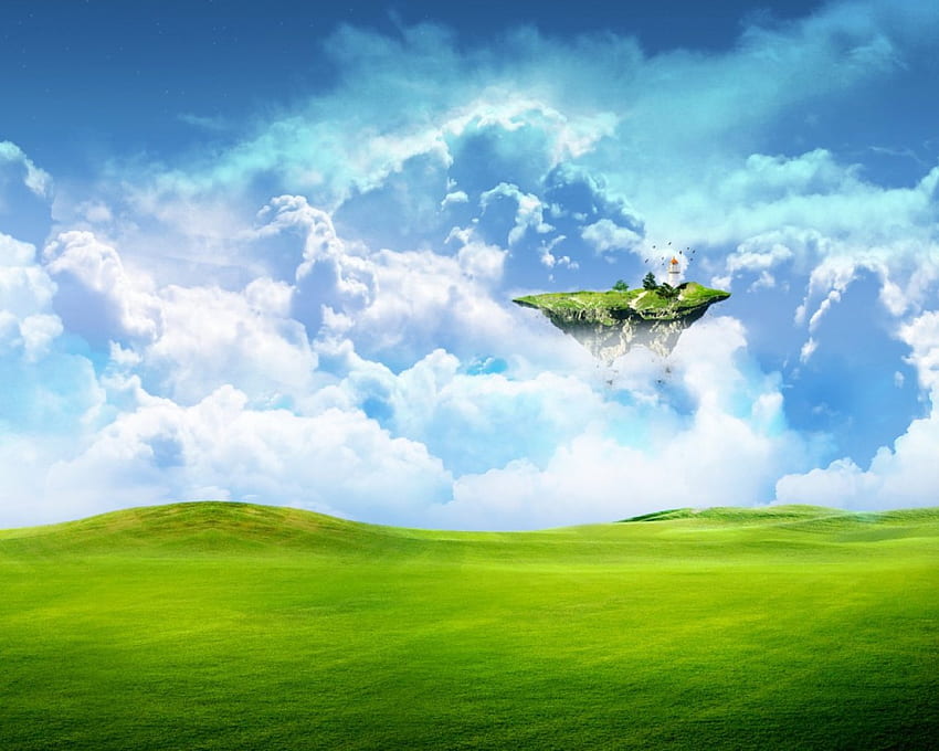 เกาะลอย เกาะลอย สีเขียว เมฆ วอลล์เปเปอร์ HD