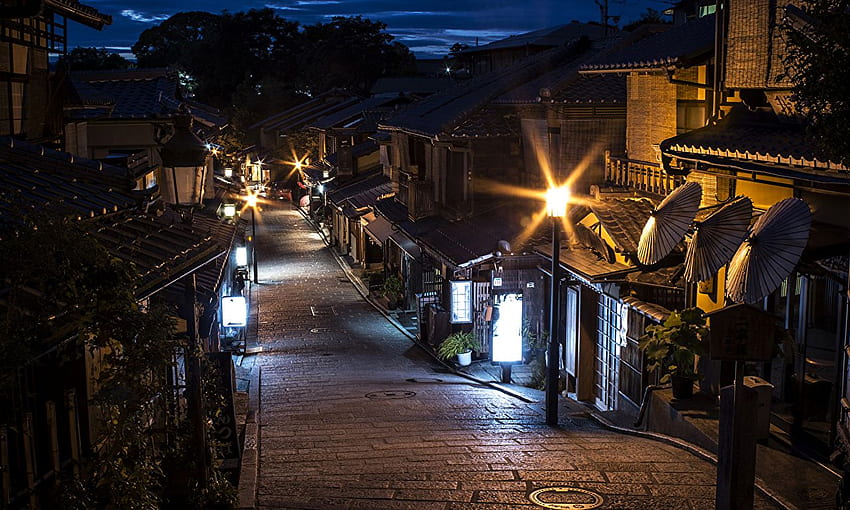 교토 일본 거리의 밤 가로등 도시, 밤의 거리 HD 월페이퍼