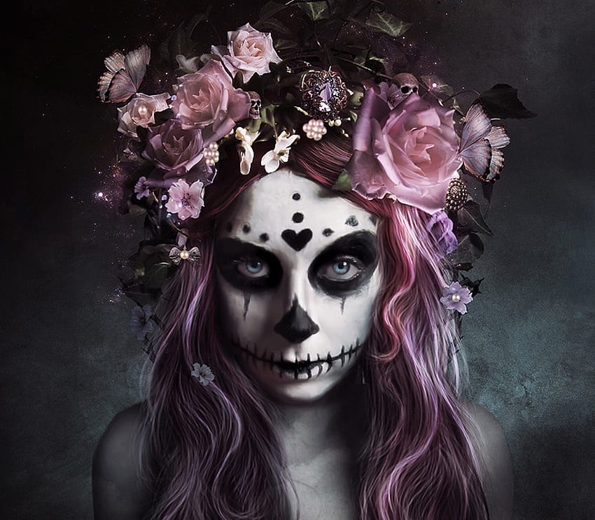 Dia de los muertos, fantezi, çiçek, katrina, yüz, kız, alexandra v bach, catrina, ölüm, gül, pembe HD duvar kağıdı