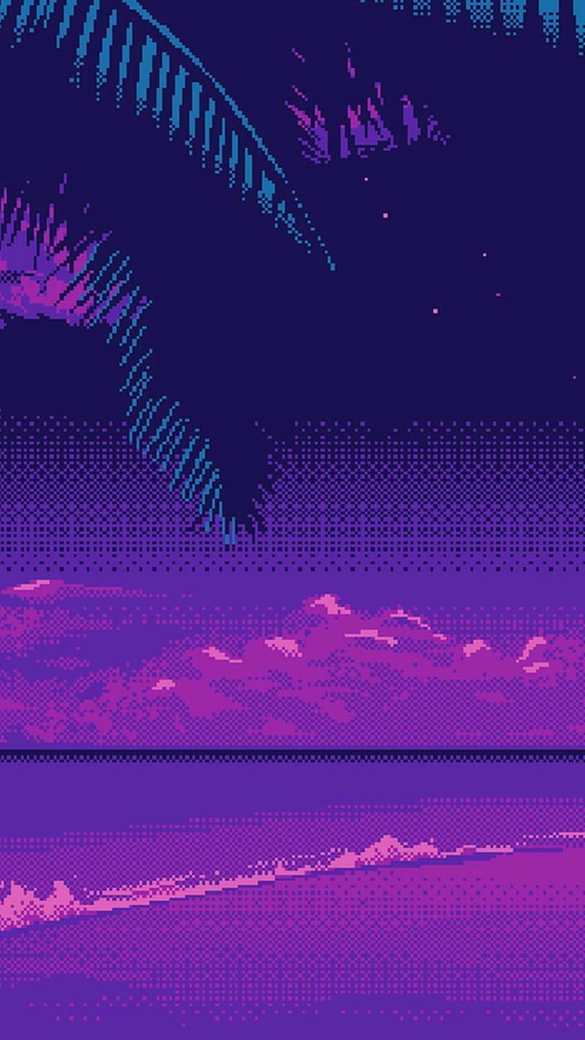 lila Himmel und Palmen. Regenbogen-Synthwave. Vaporwave-Kunst, Pixel Sky HD-Handy-Hintergrundbild