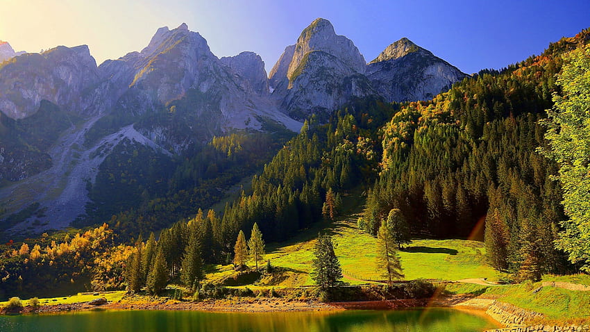 Lake Gosau, Austrian Alps, trees, landscape, sky, mountains, peaks HD wallpaper