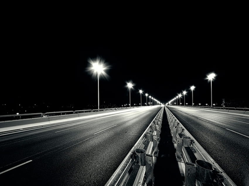 Lampioni, strada, autostrada, bianco e nero Sfondo HD
