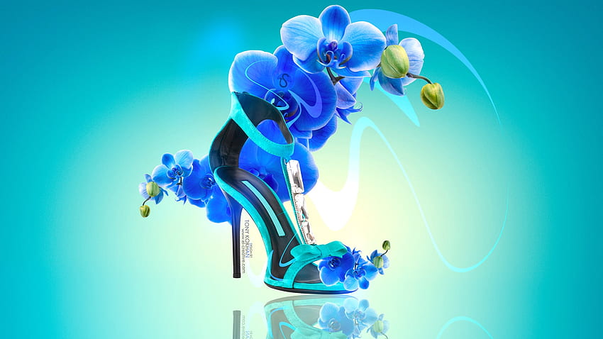 Abstract, blue, fantasy, tony kokhan, flower, shoe, orchid HD wallpaper