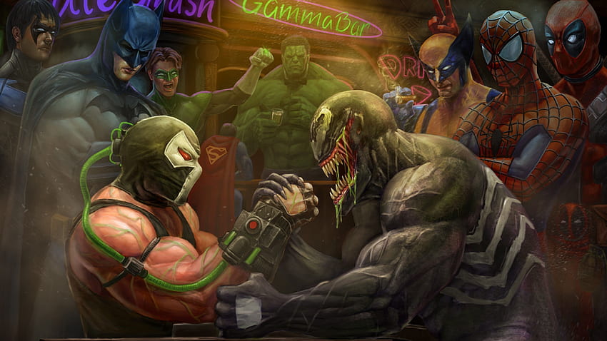 Venom Vs Bane Arm Wrestling , Artist , Artwork , Bane , Batman , Deadpool , Digital Art , Green Lantern , , Hulk , Spiderman HD wallpaper