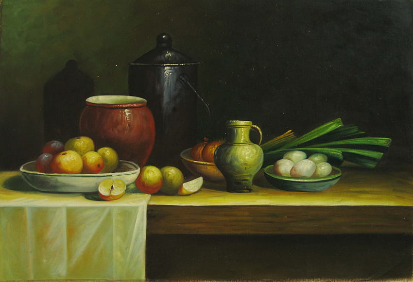Still Set, leaks, table, pitcher, jar, fruit, bowls, runner, teapot HD wallpaper