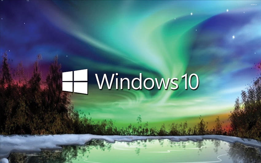 Бяло текстово лого на Windows 10 върху северното сияние - Компютър HD тапет