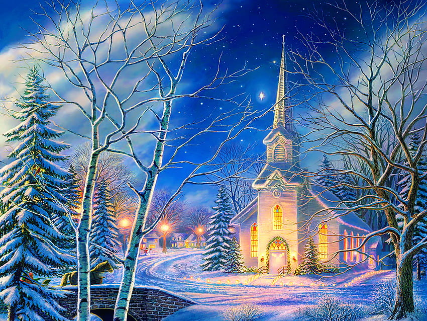 Cena de Natal, inverno, cena, arte, véspera, bonita, Igreja, árvore, feriado, pintura, bonita, luz, neve, Natal, ponte, céu papel de parede HD