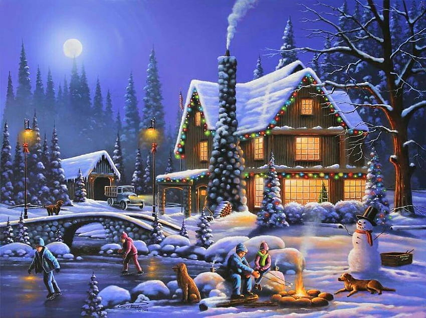 강에서 스케이트 타기, 개, 강, 겨울, 스케이트 타기, 나무, 눈사람, 달, 크리스마스, 별장, 불 HD 월페이퍼