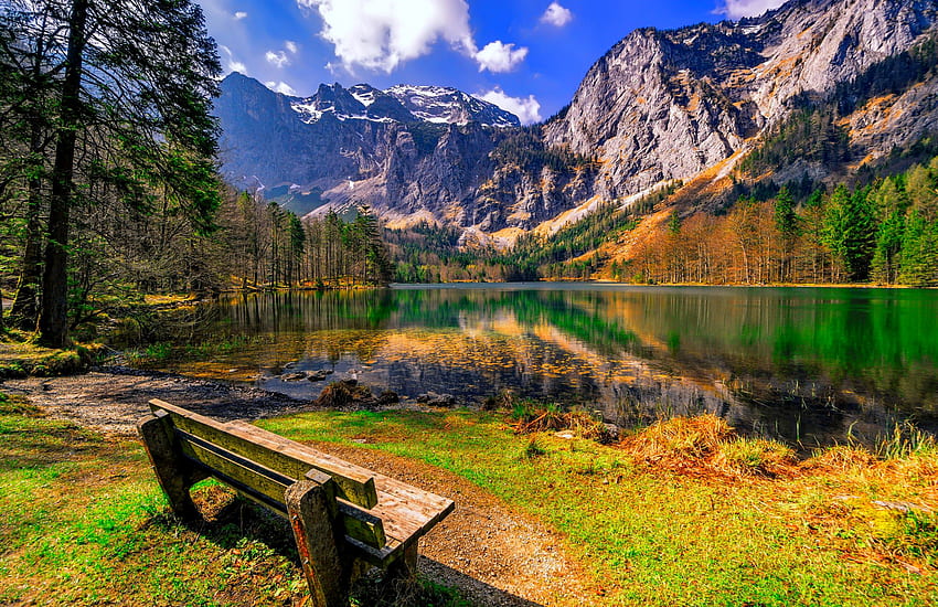 Есен в планините, пейка, падане, цветове, красиво, скали, спокойствие, спокойствие, планина, езеро, почивка, отражение, скали, дървета, есен HD тапет