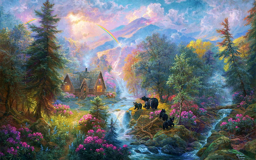 Primavera en Rainbow Falls, obras de arte, osos, río, pintura, árboles, cabaña, bosque, rocas fondo de pantalla