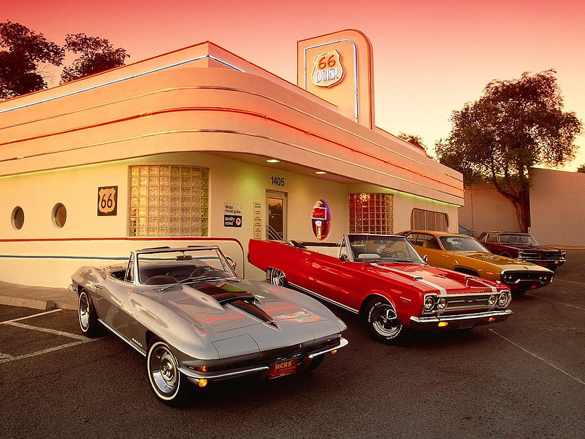 vintage, cars, restaurant, old cars, American Vintage HD wallpaper