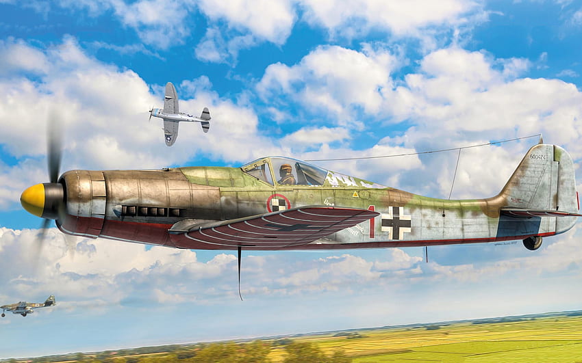 Focke-Wulf Fw 190, niemiecki myśliwiec, II wojna światowa, Fw 190D-9, Luftwaffe, samolot myśliwski, rysunki samolotów, samoloty wojskowe Tapeta HD