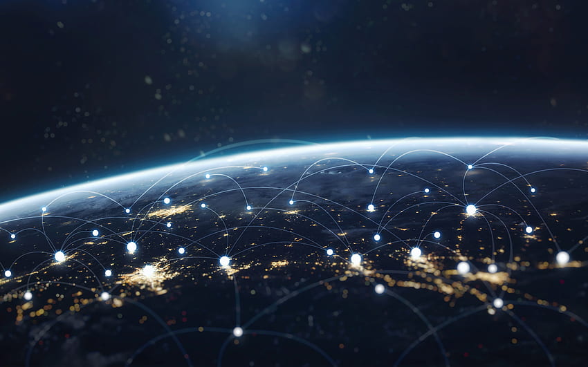 世界中のデータ交換とグローバル ネットワーク。 夜の地球、およびモバイルの背景 高画質の壁紙