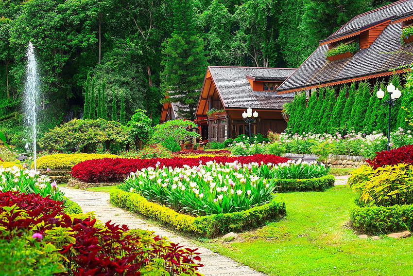 Houses with Beautiful Flower Gardens, Big Beautiful Garden HD wallpaper