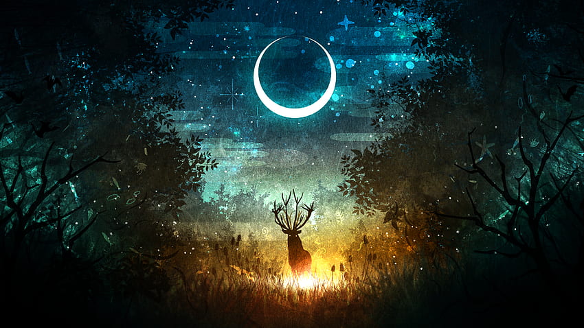 Night of forest, deer and moon, silhouette, fantasy HD wallpaper