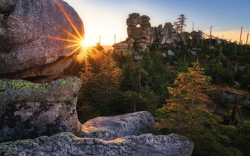 Sunrise on the Rocks, Bavaria, morning, fall, germany, autumn, trees, colors, forest, sun HD wallpaper