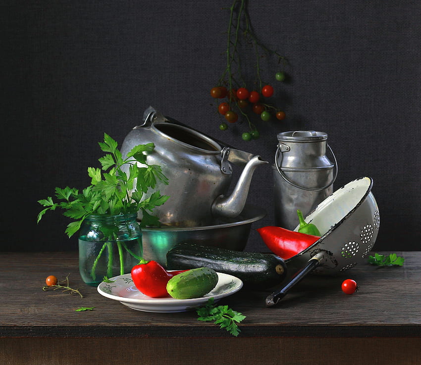 Still life, Kettle, Cans, Vegetables, Table HD wallpaper