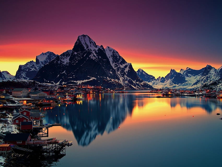 Isla Lofoten, Noruega, isla, mar, reine, casas, montaña, reflexión, nieve, luces, naturaleza, agua, puesta de sol fondo de pantalla