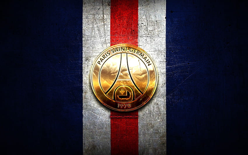 Paris Saint Germain FC, logotipo dorado, Ligue 1, de metal azul, fútbol, ​​Paris Saint Germain, club de fútbol francés, logotipo del PSG, fútbol, ​​Francia, PSG FC para con resolución. Alta calidad fondo de pantalla