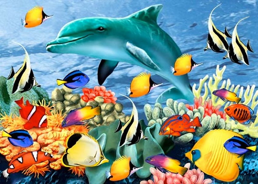 โดย ฮาวเวิร์ด โรบินสัน ทะเล สัตว์ วาด ศิลปะ ใต้น้ำ ฮาวเวิร์ด โรบินสัน ปลา ปลาโลมา วอลล์เปเปอร์ HD