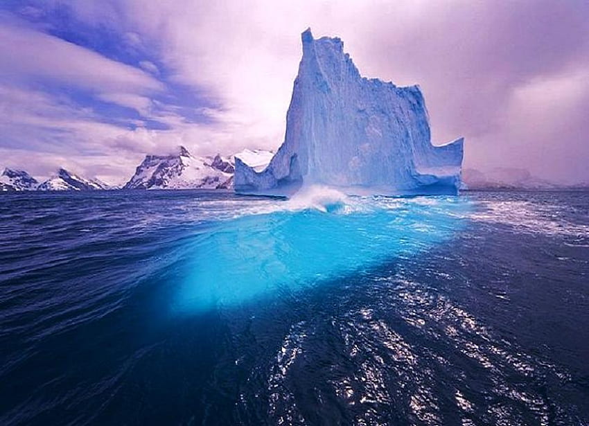빙산 파랑, 파랑, 일몰 하늘, 빙산, 반사, 바다 HD 월페이퍼