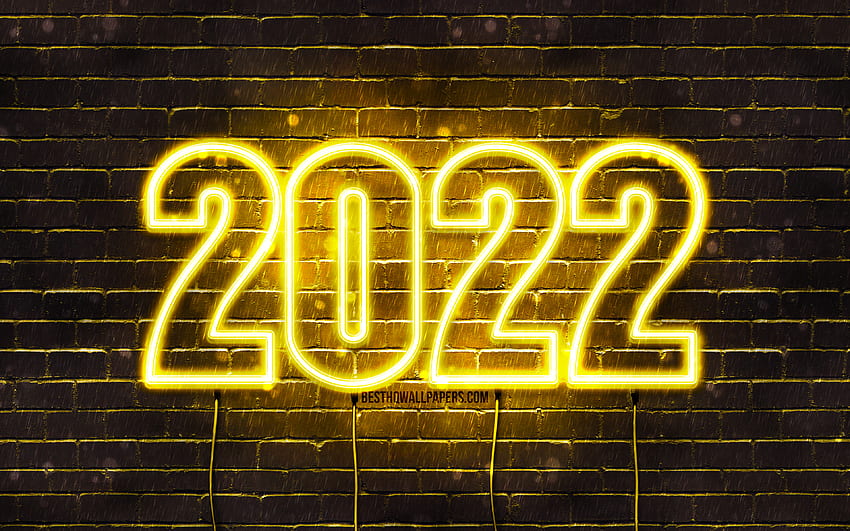 2022 yellow neon digits, , Happy New Year 2022, yellow brickwall, horizontal text, 2022 concepts, wires, 2022 new year, 2022 on yellow background, 2022 year digits HD wallpaper