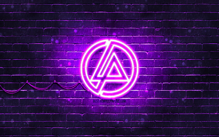 Linkin Park violet logo, , music stars, violet brickwall, Linkin Park logo, brands, Linkin Park neon logo, Linkin Park HD wallpaper